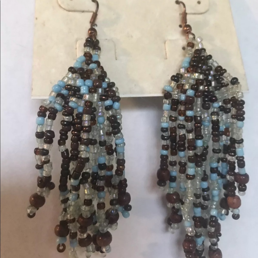Dangle blue brown DROP PIERCED EARRINGS beaded